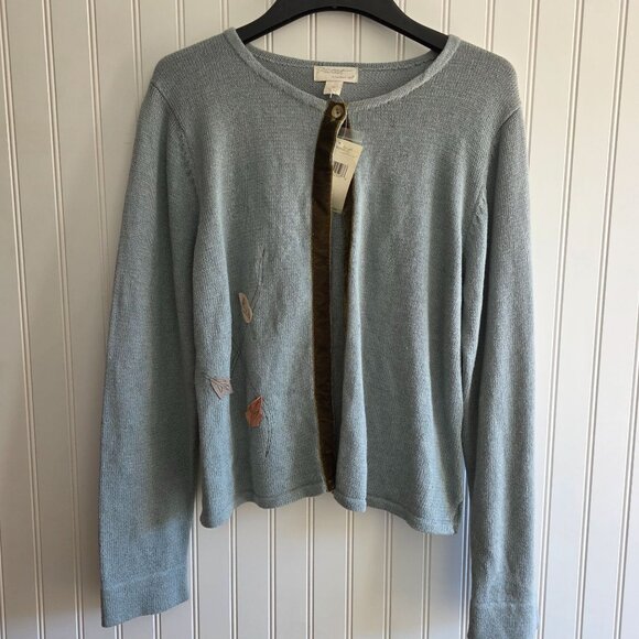 Northern Isles M Linen Cardigan Single Button Leaf Embroider Cottage Deadstock - Picture 1 of 8